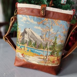 Handmade upcycled needlepoint & leather  purse